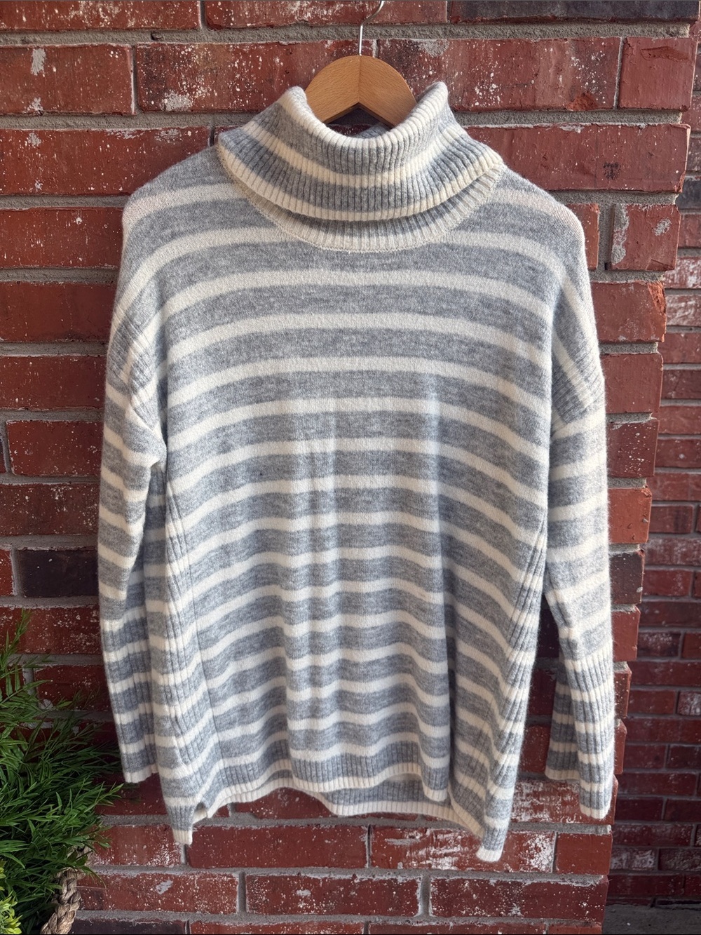 LOFT Gray and Cream Striped Turtleneck Sweater